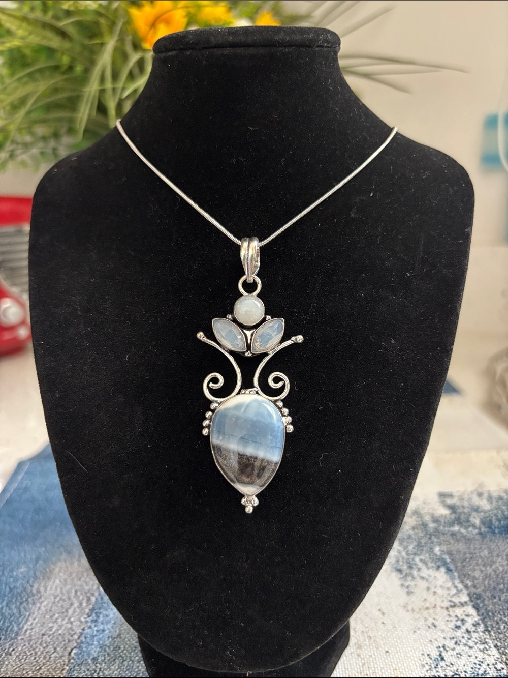 Sterling Silver Blue & White Owyhee Opal Opalite Gemstone Pendant Necklace